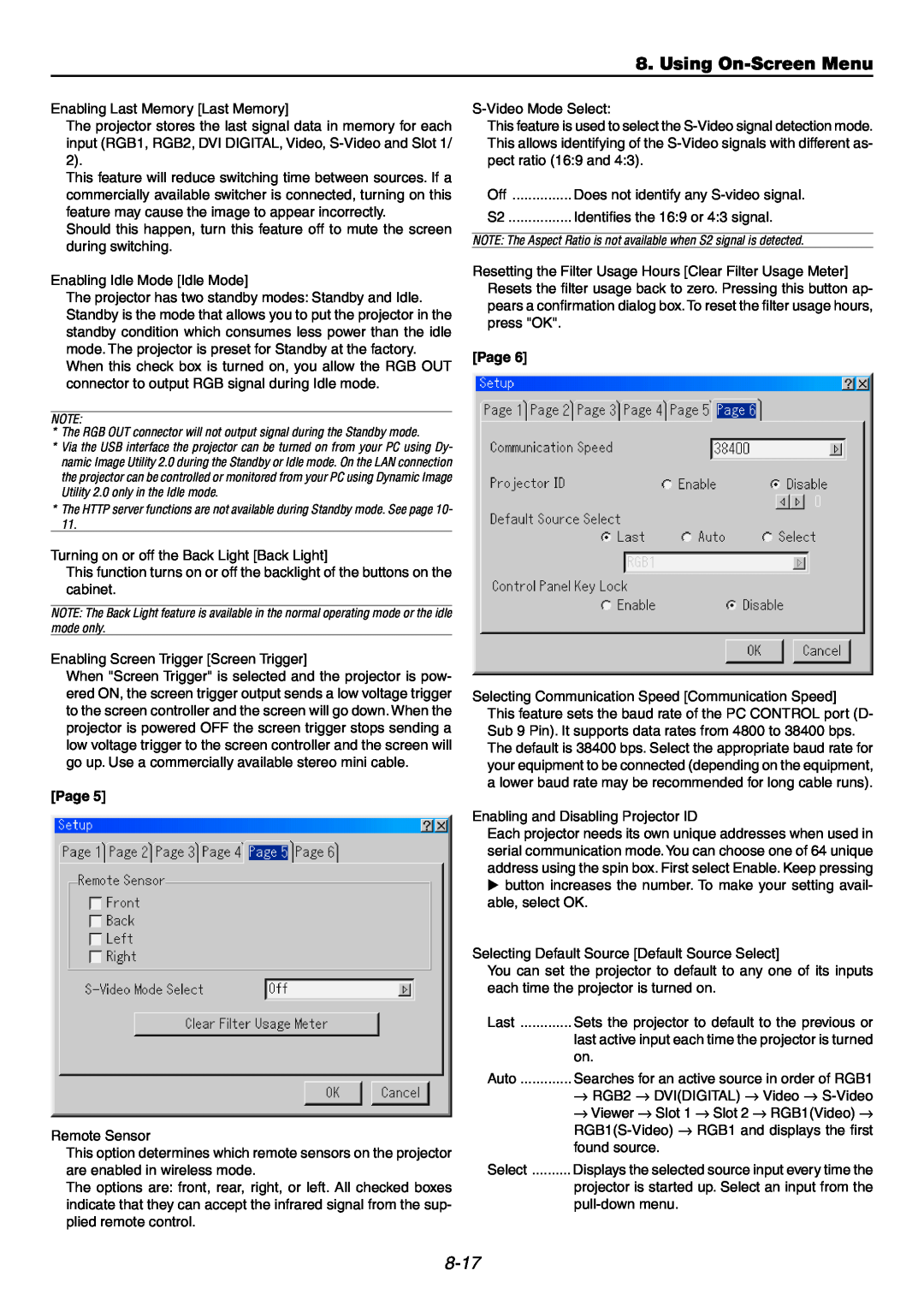 NEC GT6000 user manual Using On-ScreenMenu, 8-17, Enabling Last Memory Last Memory, Page 