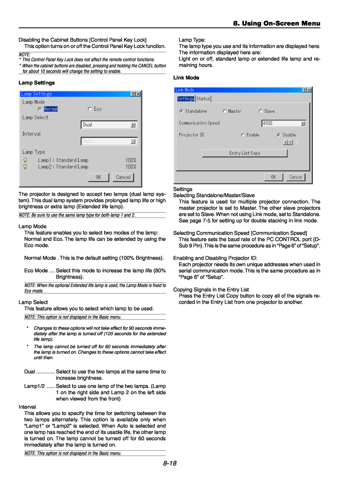 NEC GT6000 user manual Using On-ScreenMenu, 8-18, Lamp Settings, Link Mode 