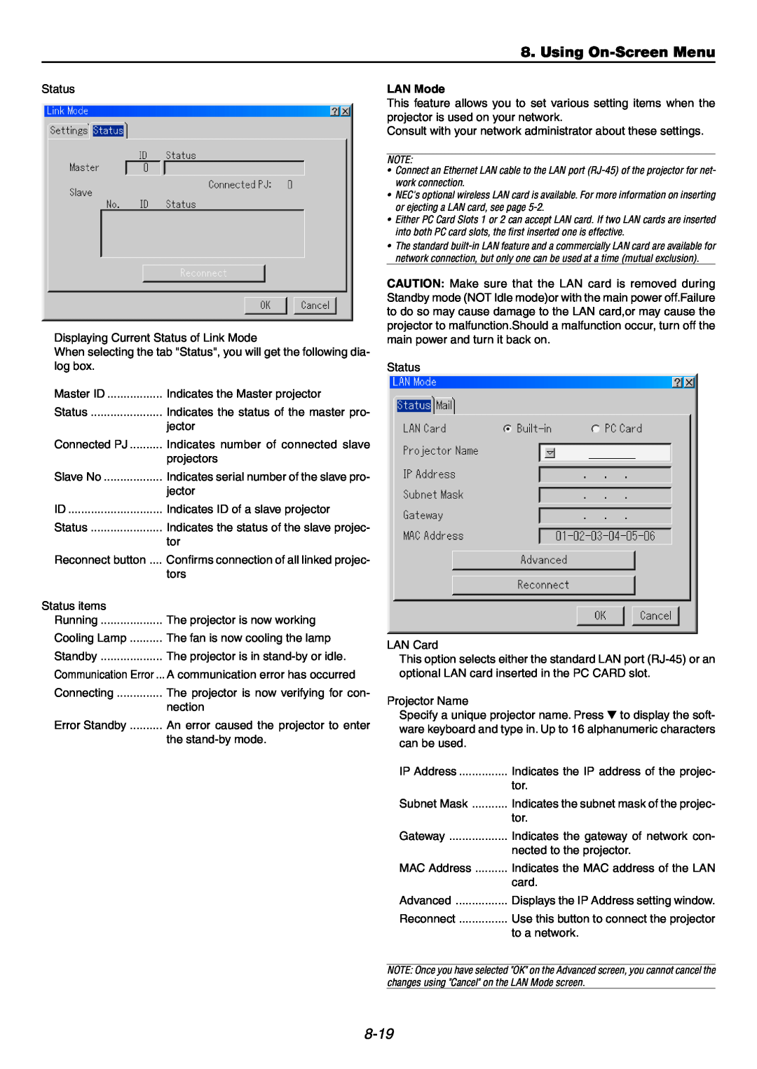 NEC GT6000 user manual Using On-ScreenMenu, 8-19, LAN Mode 