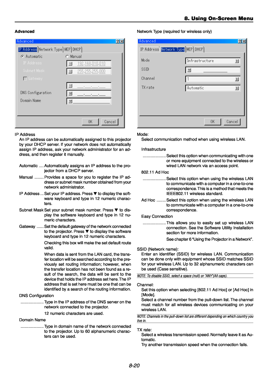 NEC GT6000 user manual Using On-ScreenMenu, 8-20, Advanced 