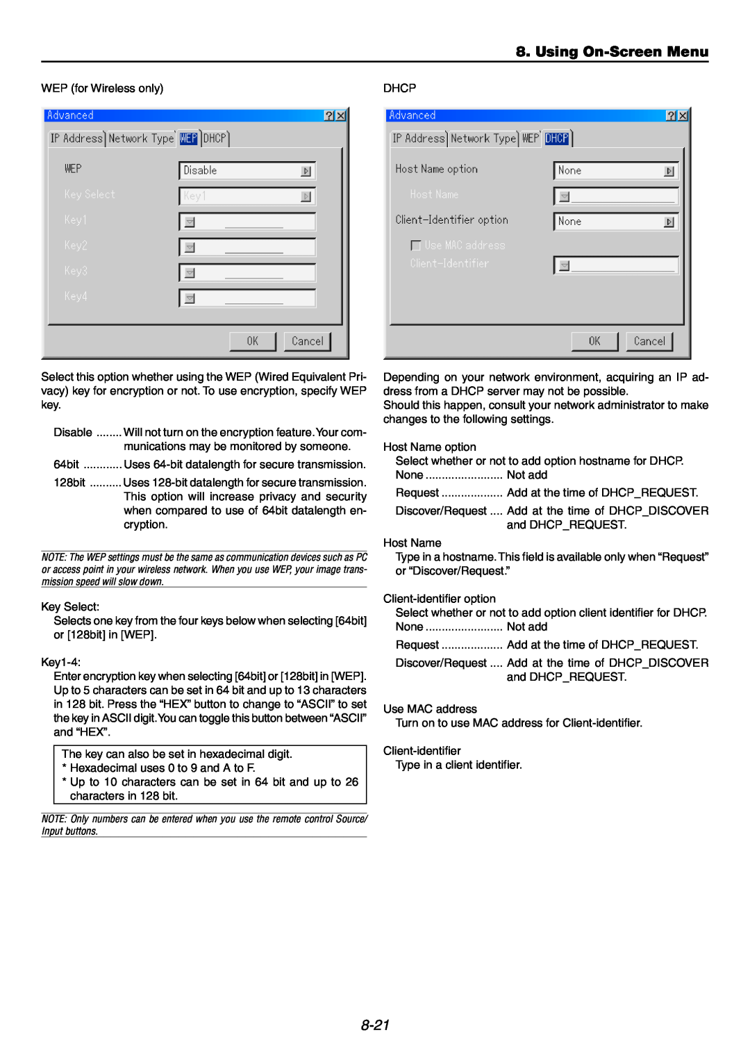 NEC GT6000 user manual Using On-ScreenMenu, 8-21, WEP for Wireless only 