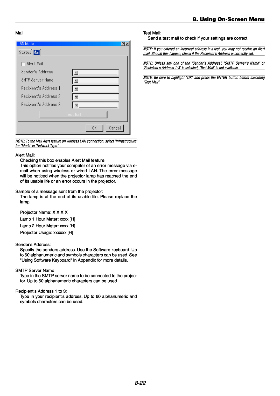 NEC GT6000 user manual Using On-ScreenMenu, 8-22, Mail 