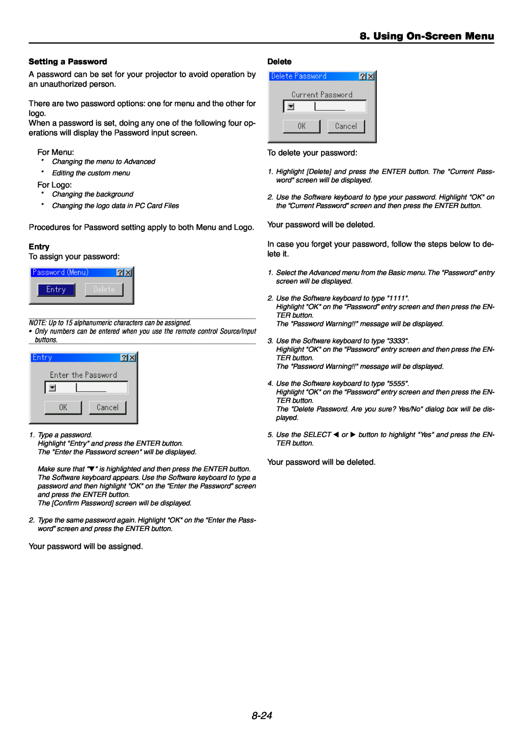 NEC GT6000 user manual Using On-ScreenMenu, 8-24, Setting a Password, Delete, Entry 