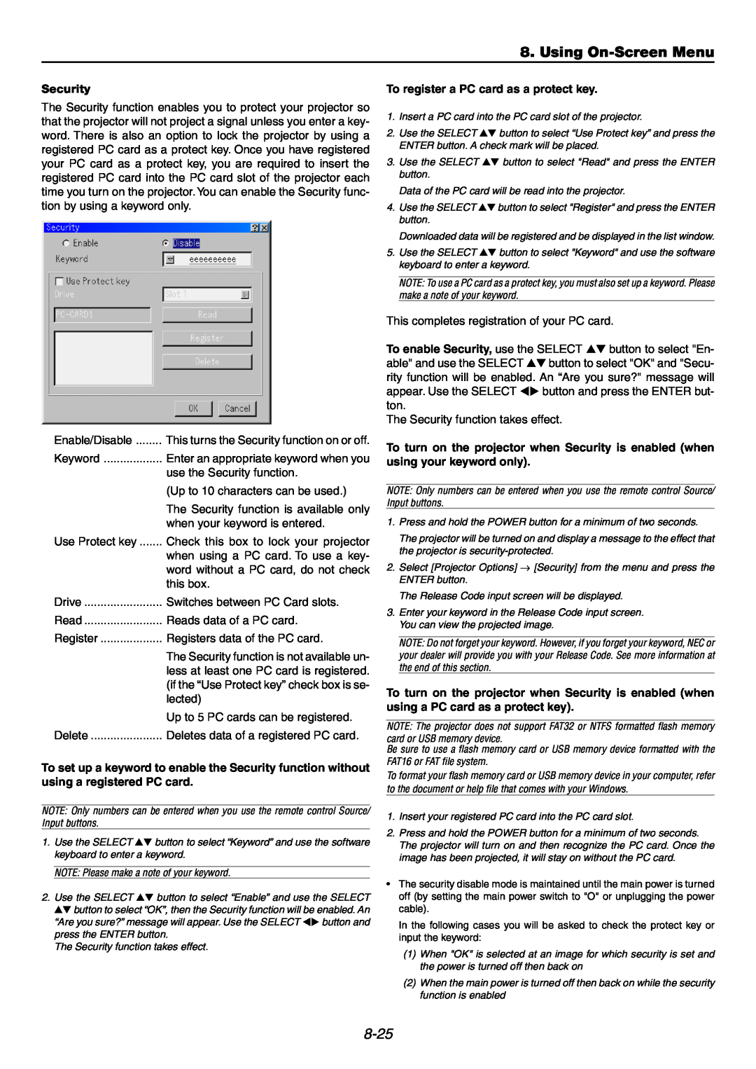 NEC GT6000 user manual Using On-ScreenMenu, 8-25, Security, To register a PC card as a protect key 