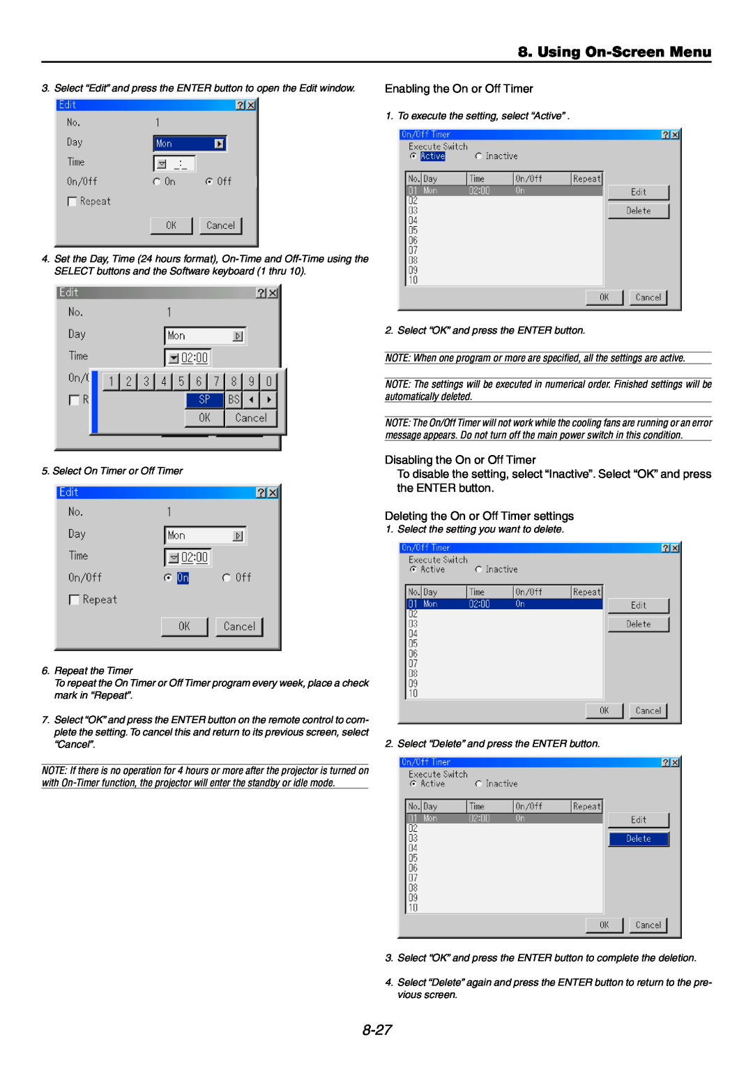 NEC GT6000 user manual Using On-ScreenMenu, 8-27, Enabling the On or Off Timer, Disabling the On or Off Timer 