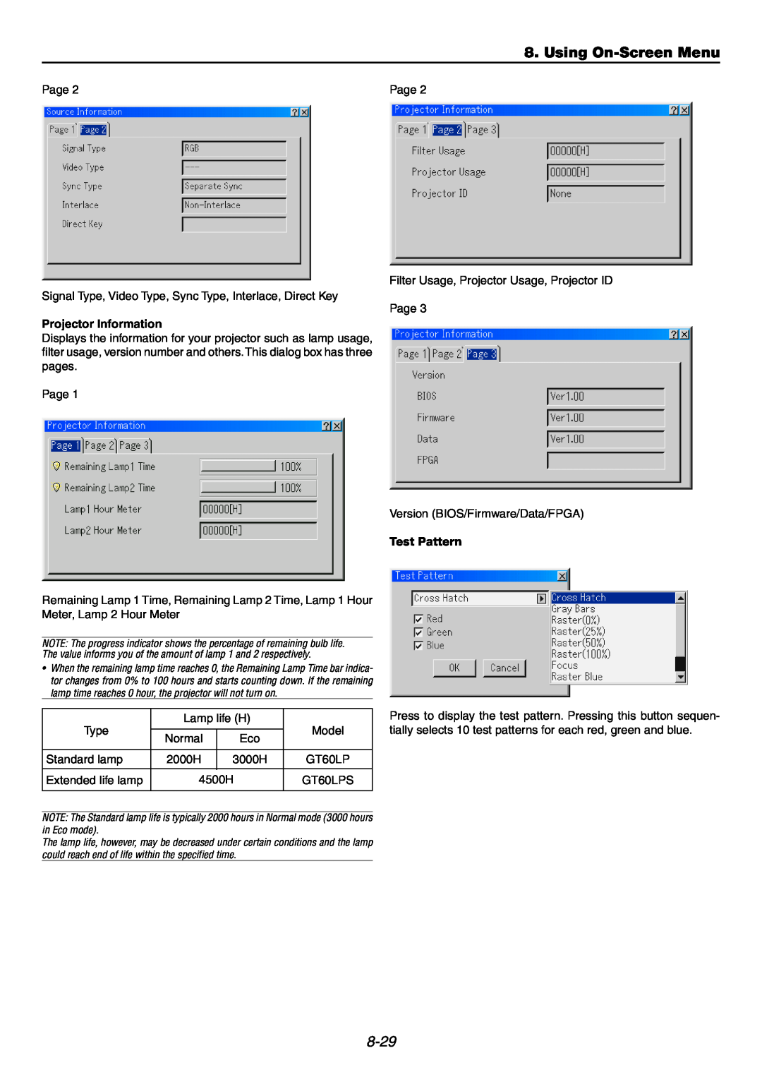 NEC GT6000 user manual Using On-ScreenMenu, 8-29, Projector Information, Test Pattern 
