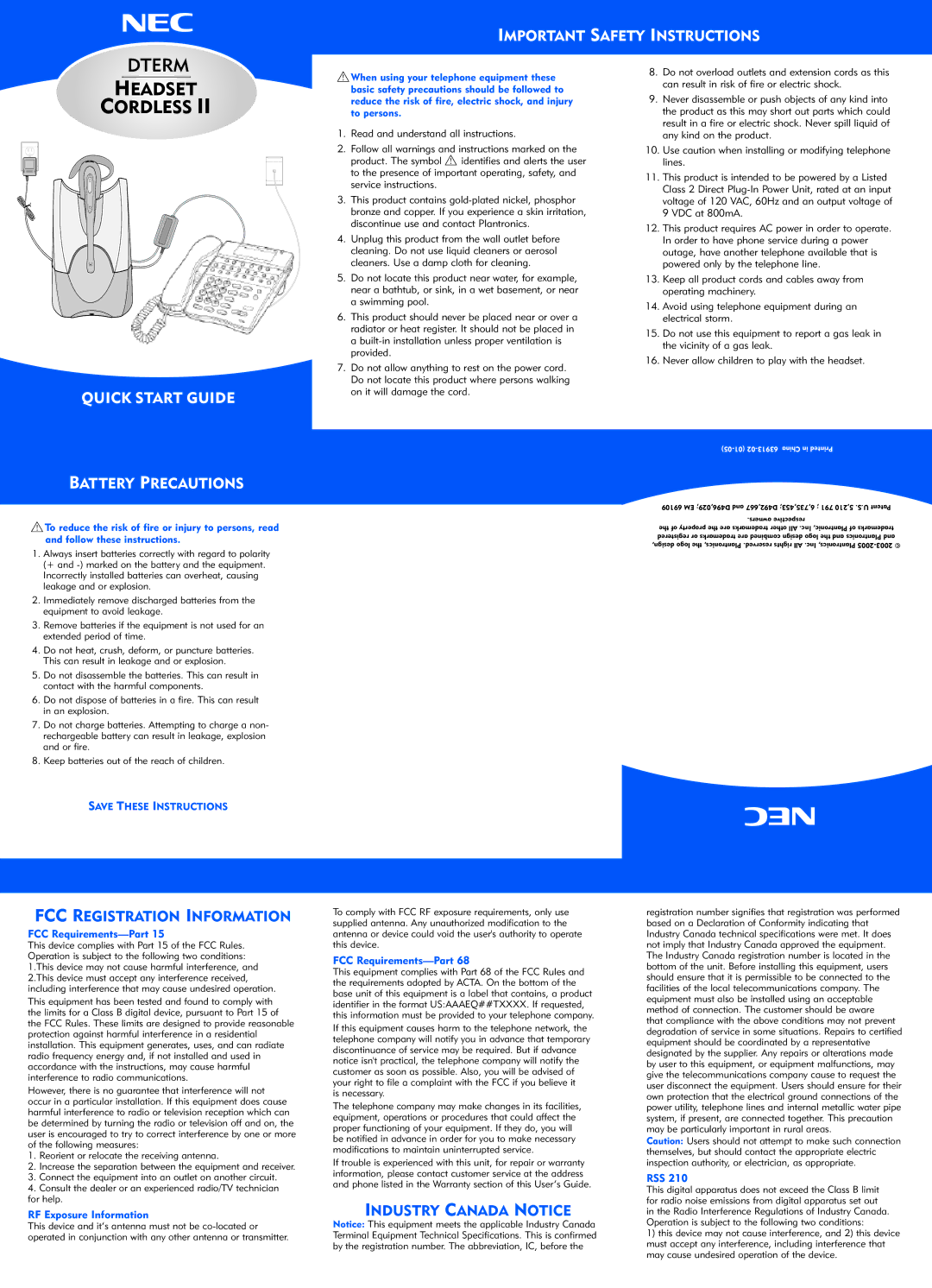 NEC Headset Cordless quick start Important Safety Instructions, Battery Precautions, FCC Requirements-Part, Rss 