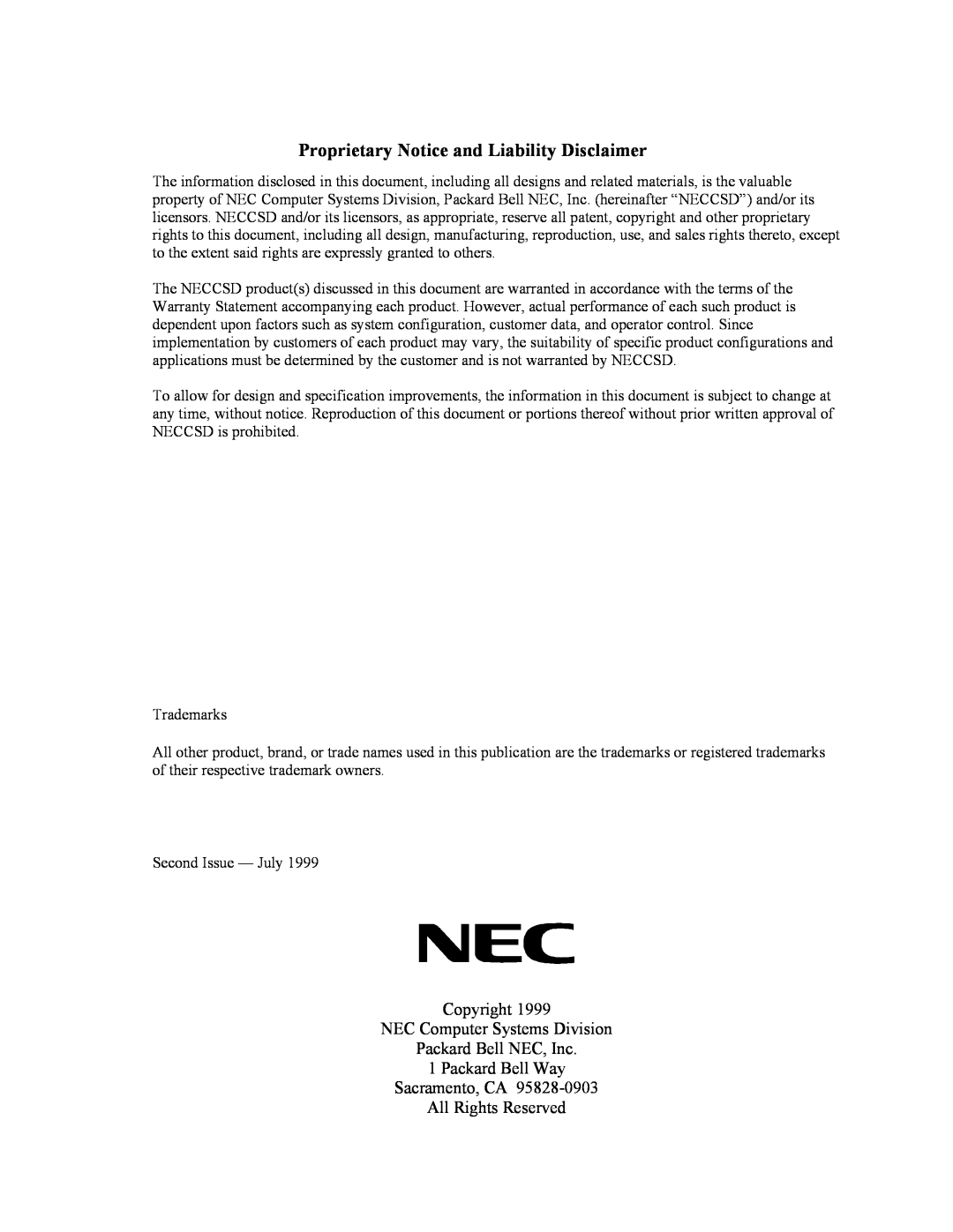 NEC HV8600 Proprietary Notice and Liability Disclaimer, Copyright NEC Computer Systems Division Packard Bell NEC, Inc 