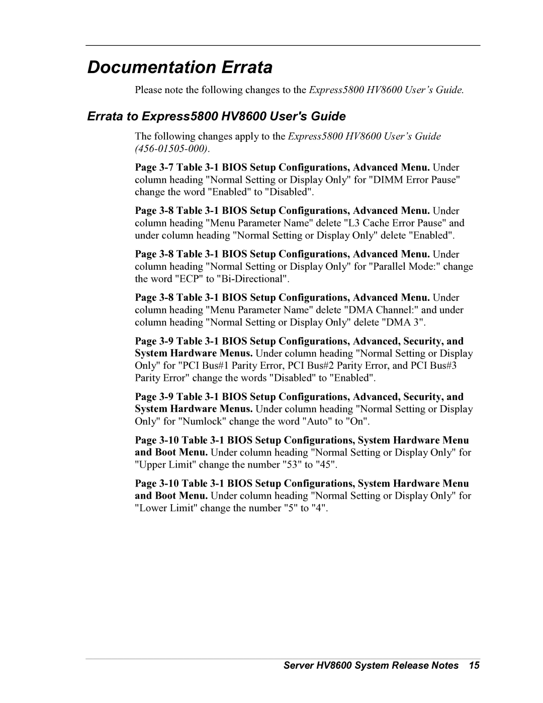 NEC manual Documentation Errata, Errata to Express5800 HV8600 Users Guide 