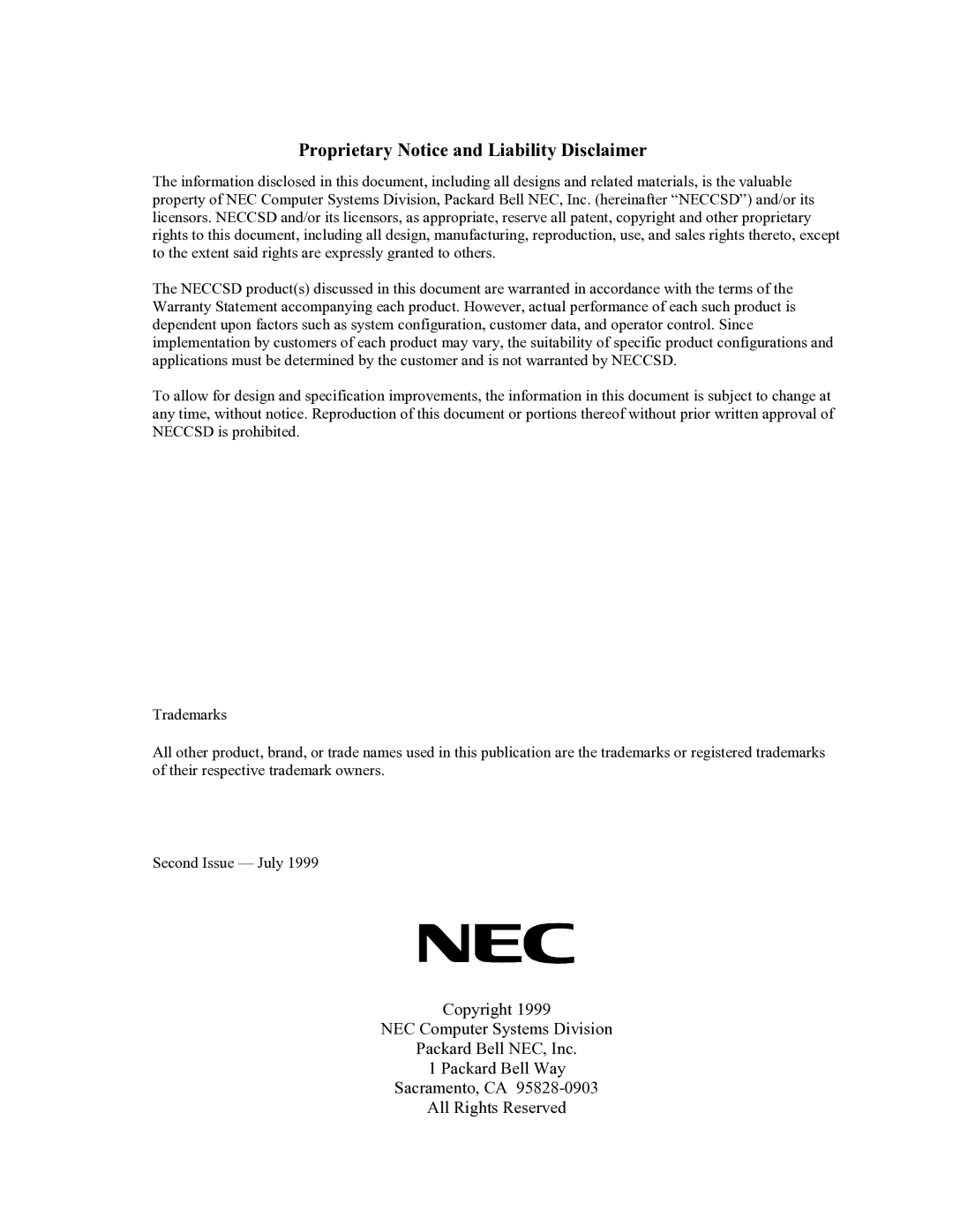 NEC HV8600 manual Proprietary Notice and Liability Disclaimer 