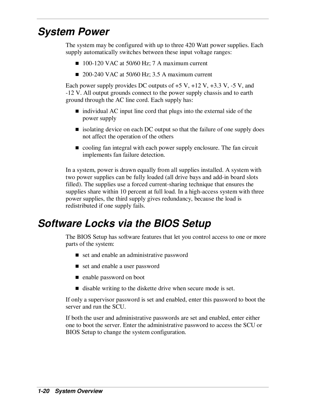 NEC HX4500 manual System Power, Software Locks via the Bios Setup 