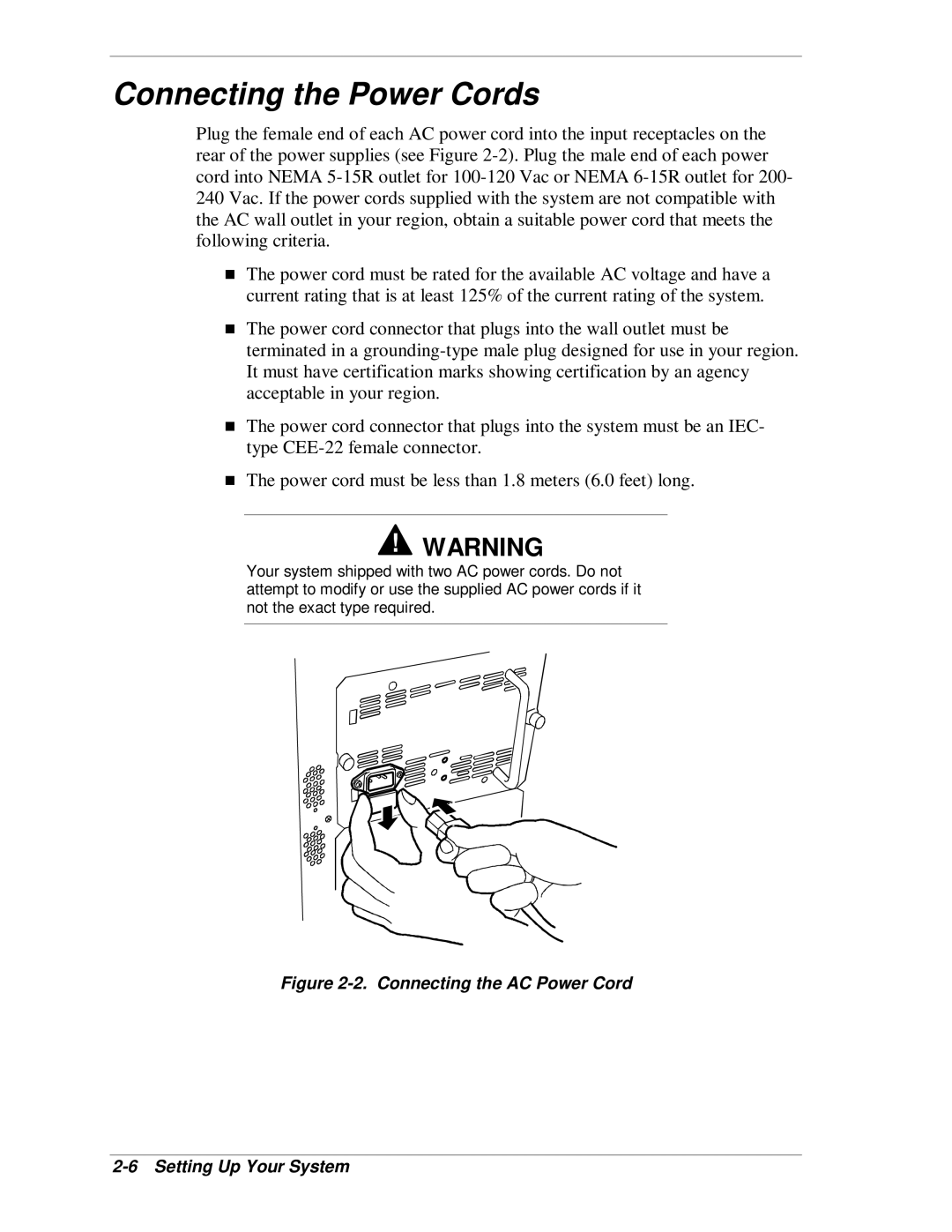 NEC HX4500 manual Connecting the Power Cords, Connecting the AC Power Cord Setting Up Your System 