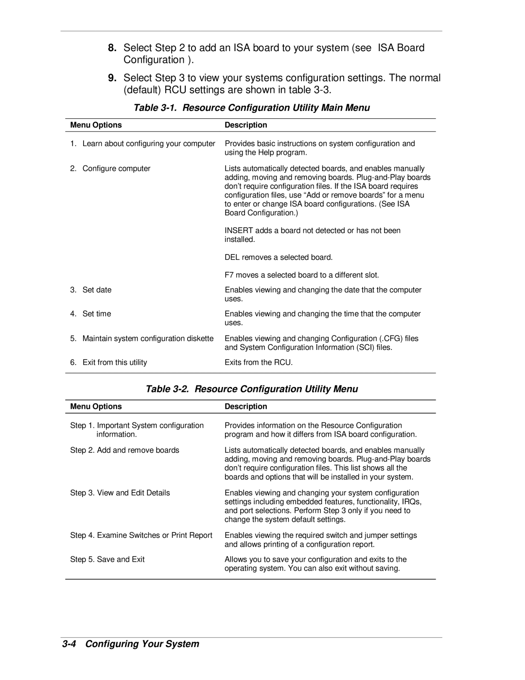 NEC HX4500 manual Resource Configuration Utility Main Menu, Resource Configuration Utility Menu, Menu Options Description 