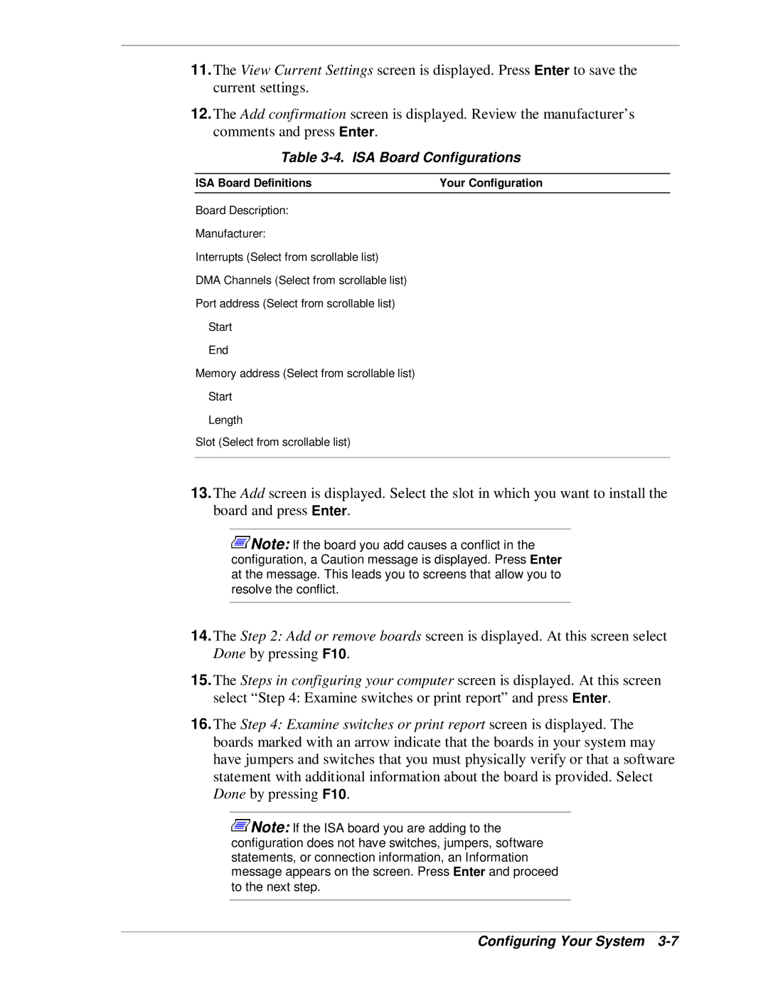 NEC HX4500 manual ISA Board Configurations, ISA Board Definitions Your Configuration 