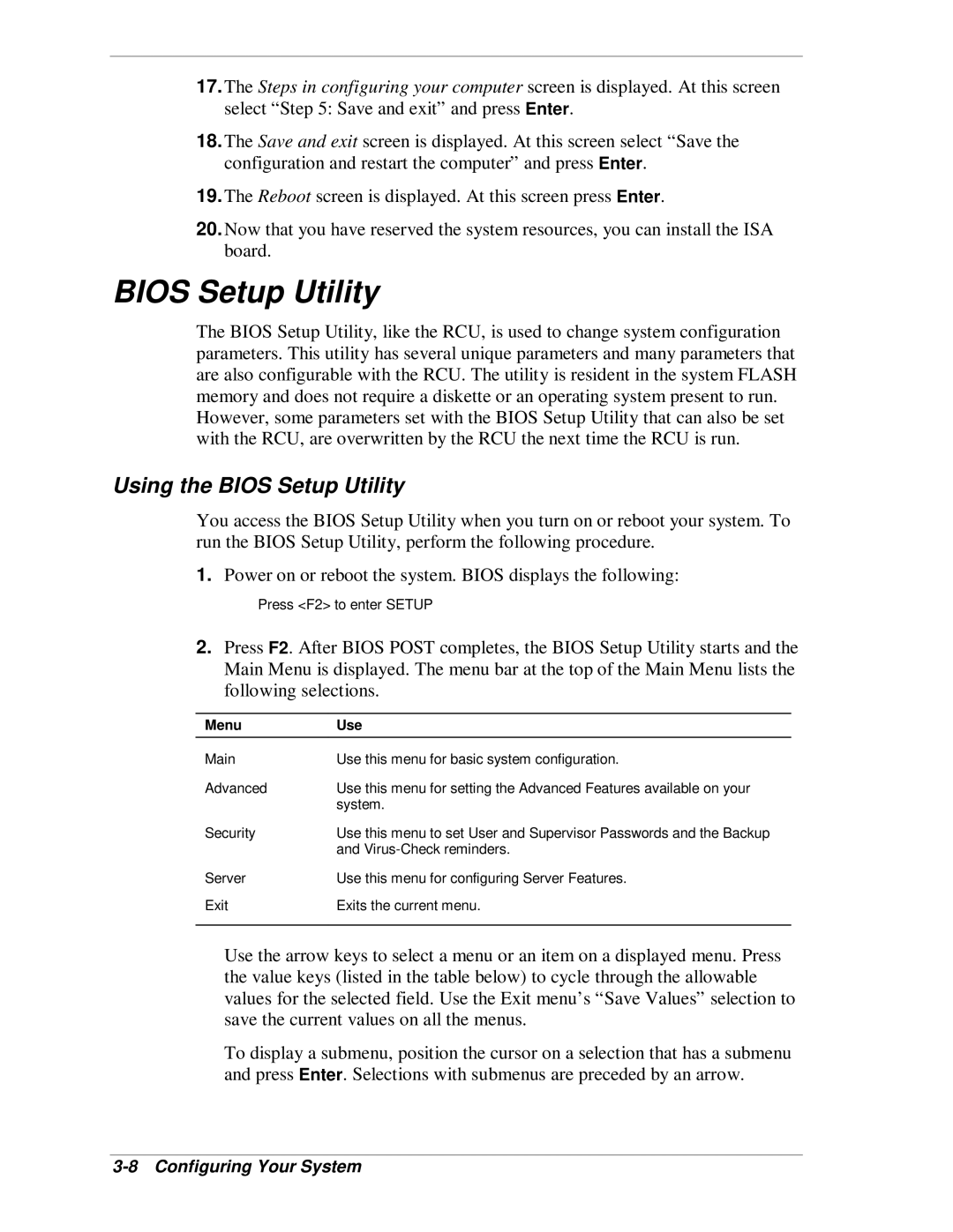 NEC HX4500 manual Using the Bios Setup Utility, Menu Use 