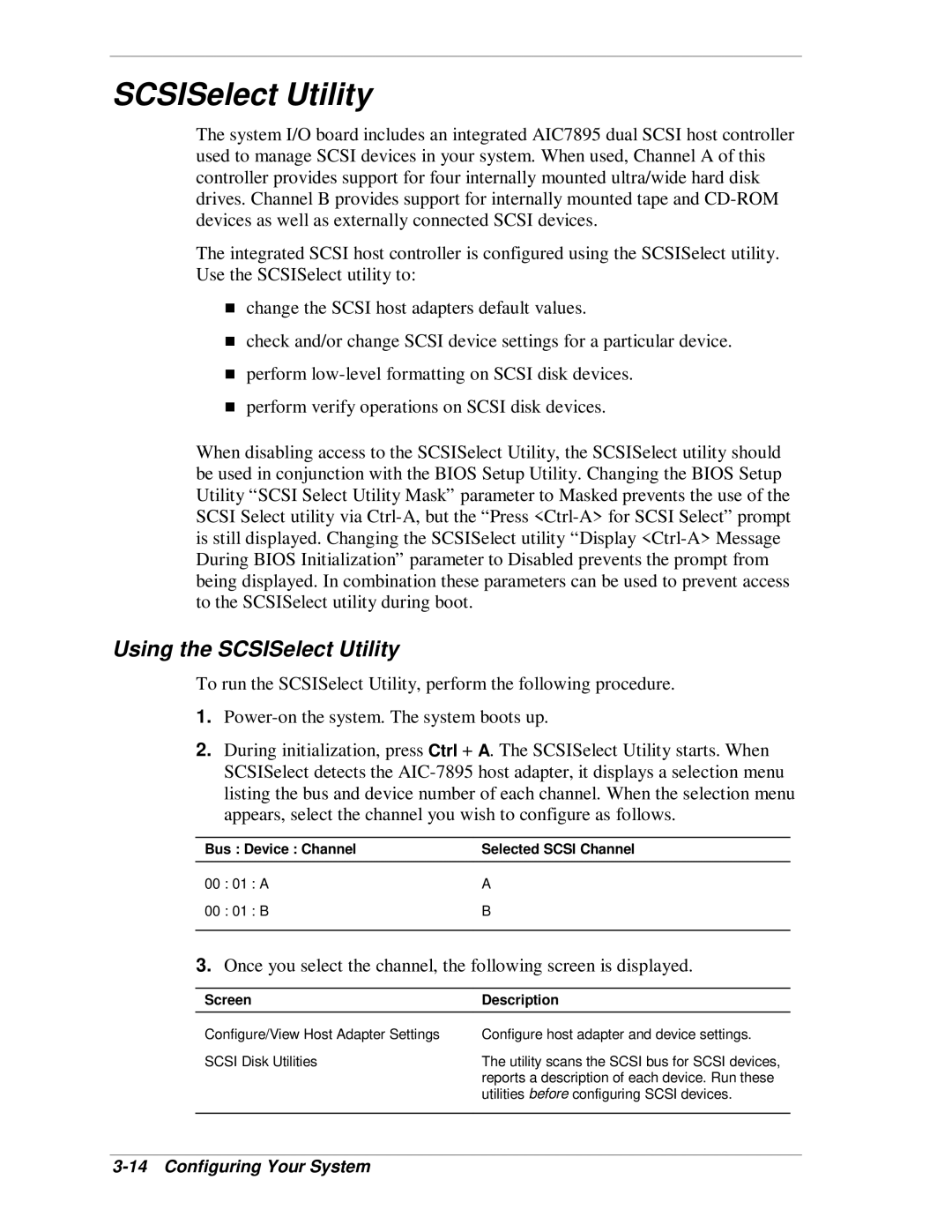 NEC HX4500 manual Using the SCSISelect Utility, Bus Device Channel Selected Scsi Channel, Screen Description 