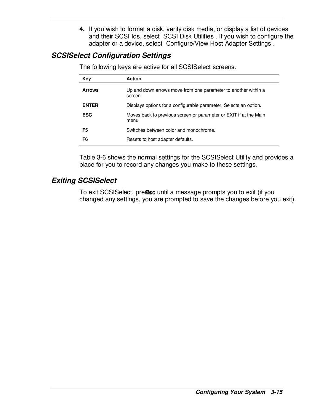 NEC HX4500 manual SCSISelect Configuration Settings, Exiting SCSISelect, Menu, Switches between color and monochrome 