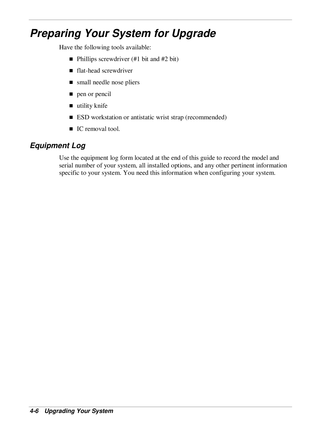 NEC HX4500 manual Preparing Your System for Upgrade, Equipment Log 