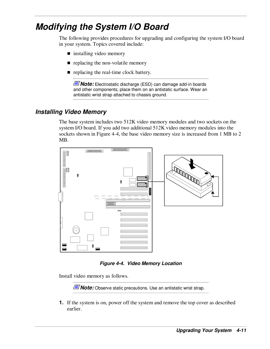 NEC HX4500 manual Modifying the System I/O Board, Installing Video Memory 