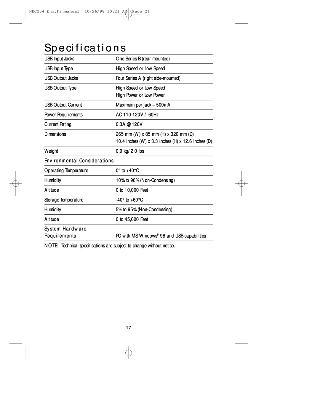 NEC A3844, IB-USB user manual Specifications, System Hardware, Requirements 