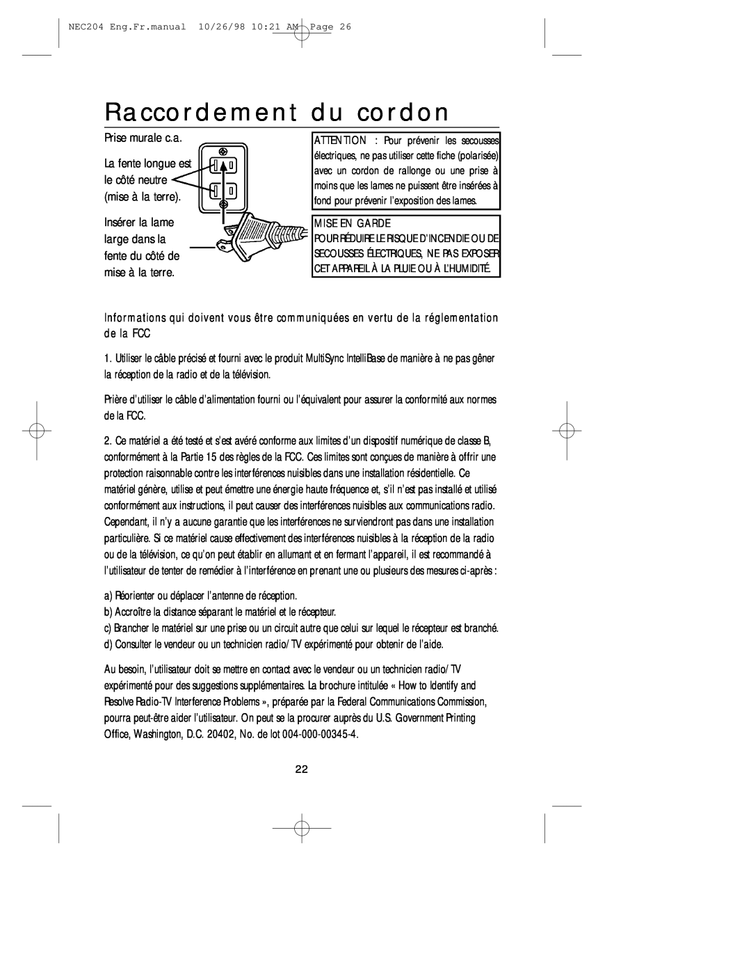 NEC IB-USB, A3844 user manual Raccordement du cordon 