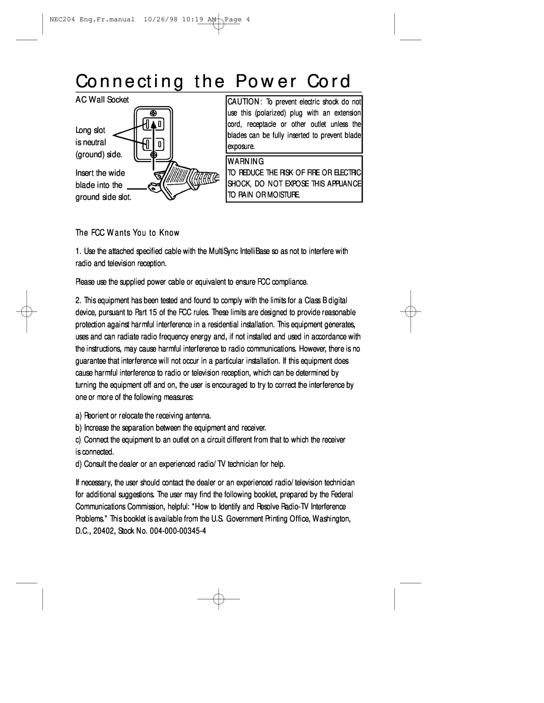 NEC IB-USB, A3844 user manual Connecting the Power Cord, The FCC Wants You to Know 