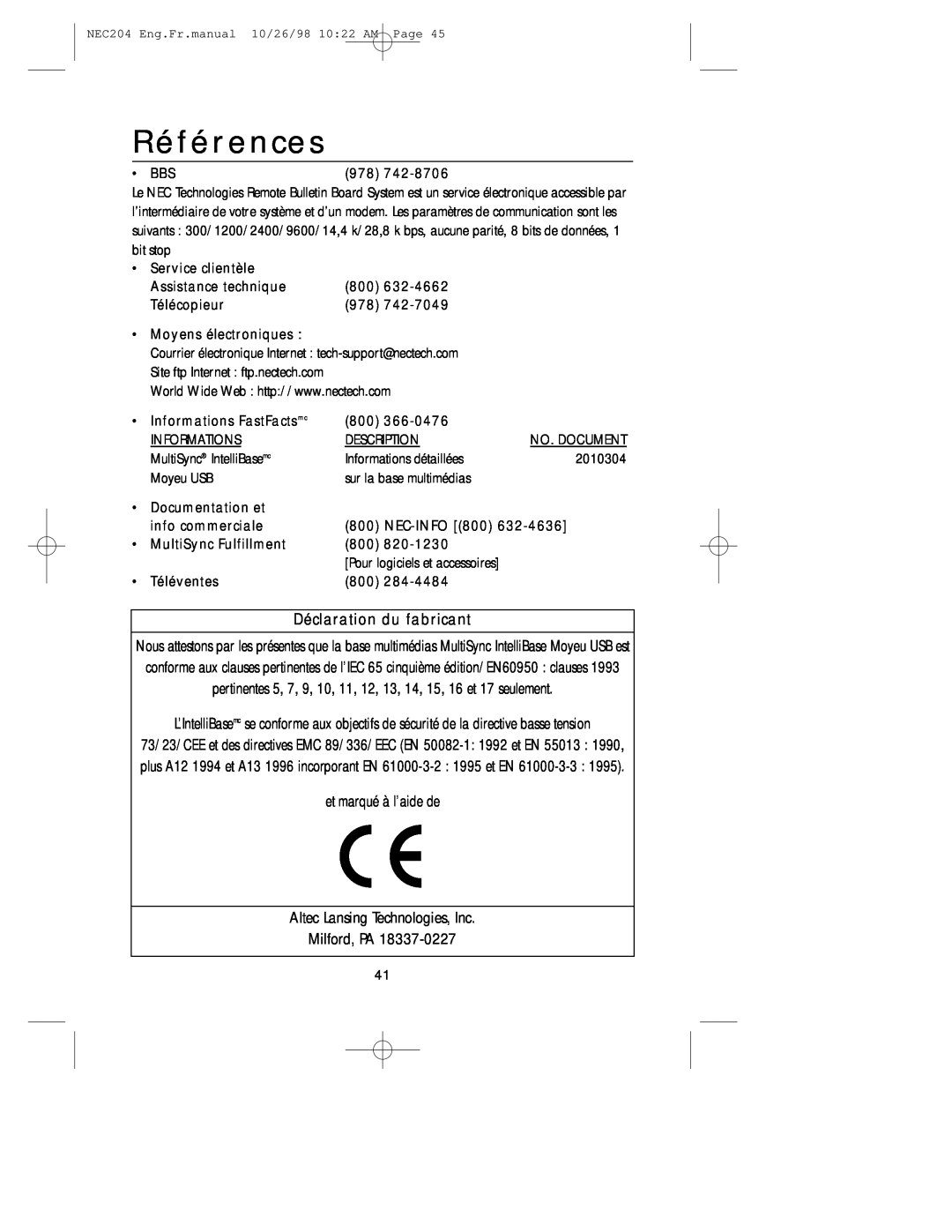 NEC A3844, IB-USB user manual Références, Déclaration du fabricant 