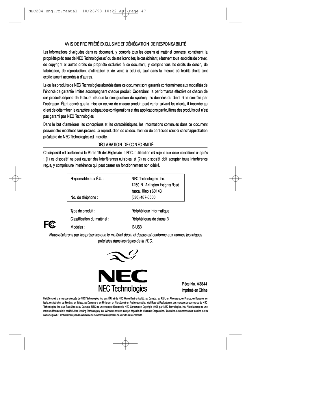 NEC A3844, IB-USB user manual Déclaration De Conformité 