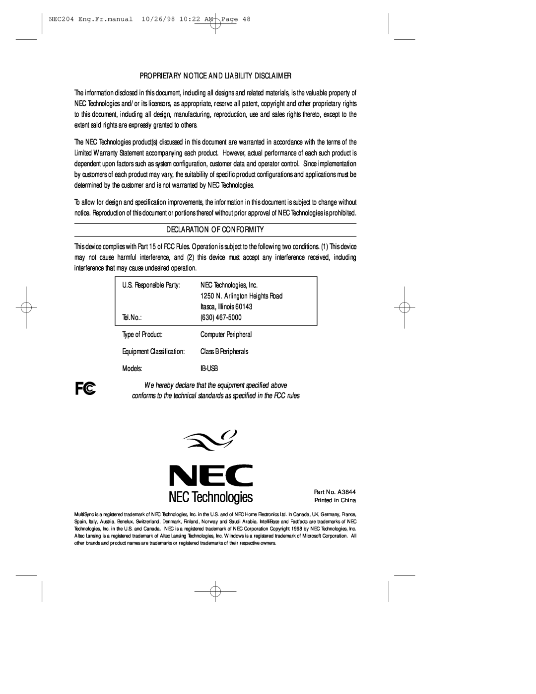 NEC IB-USB, A3844 user manual Proprietary Notice And Liability Disclaimer, Declaration Of Conformity 