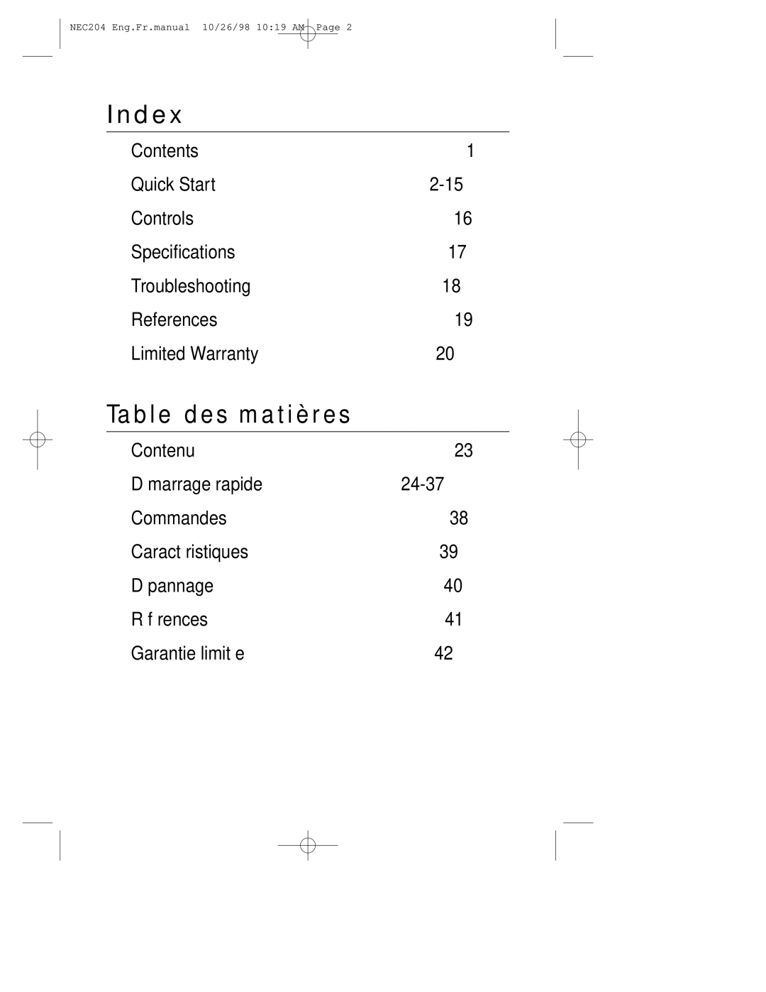 NEC IB-USB, A3844 user manual Index, Table des matières 