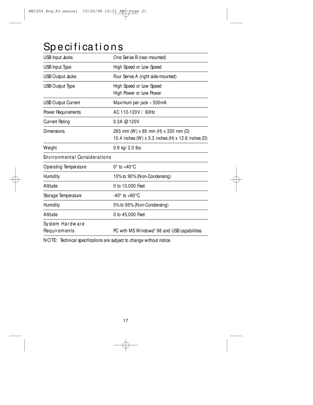 NEC A3844, IB-USB user manual Specifications, System Hardware Requirements 