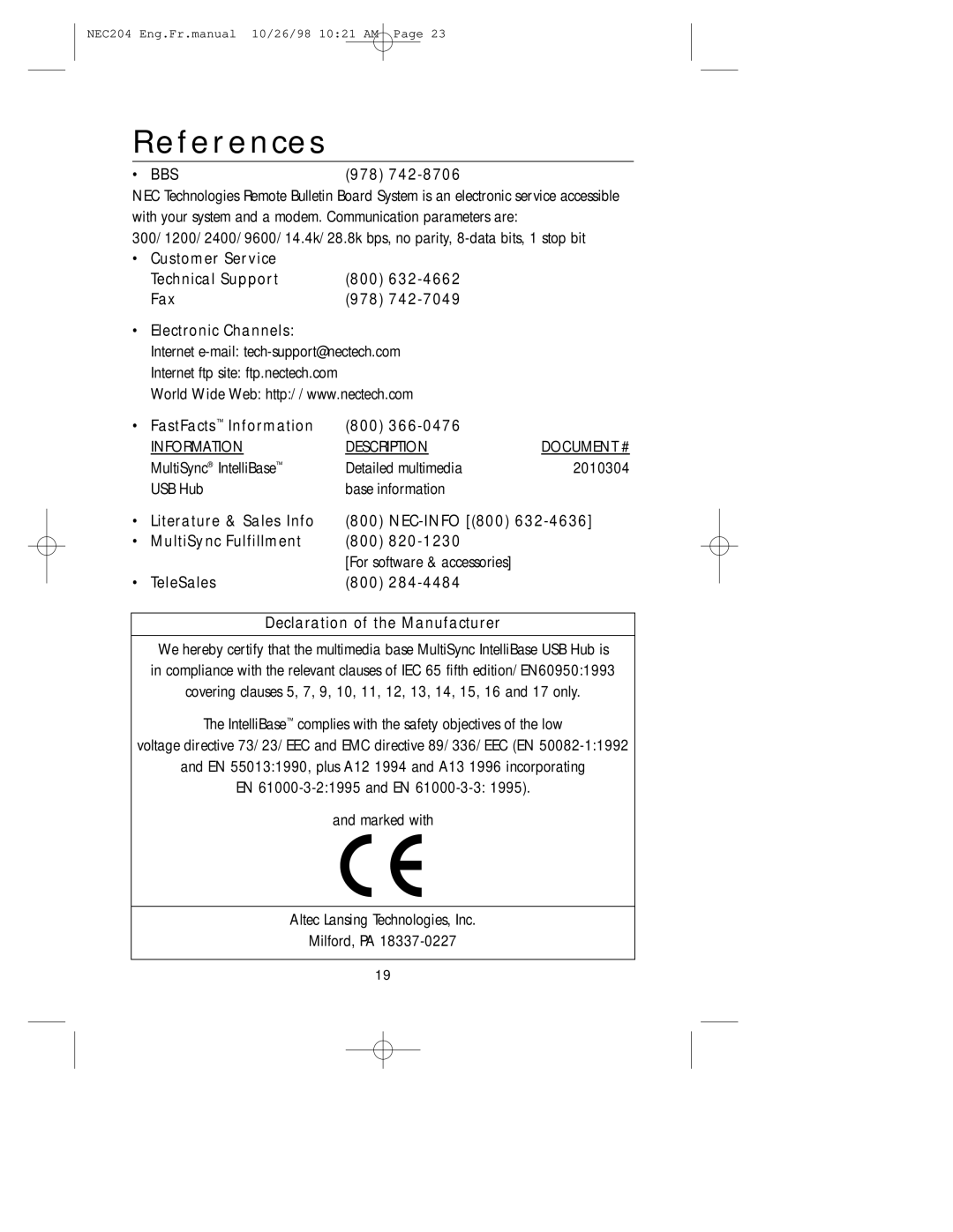 NEC A3844, IB-USB user manual References, 978, FastFacts Information 800 