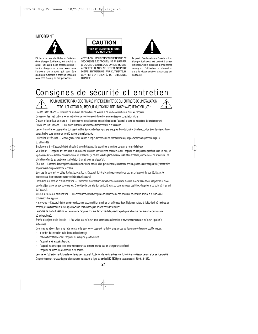 NEC A3844, IB-USB user manual Consignes de sécurité et entretien 