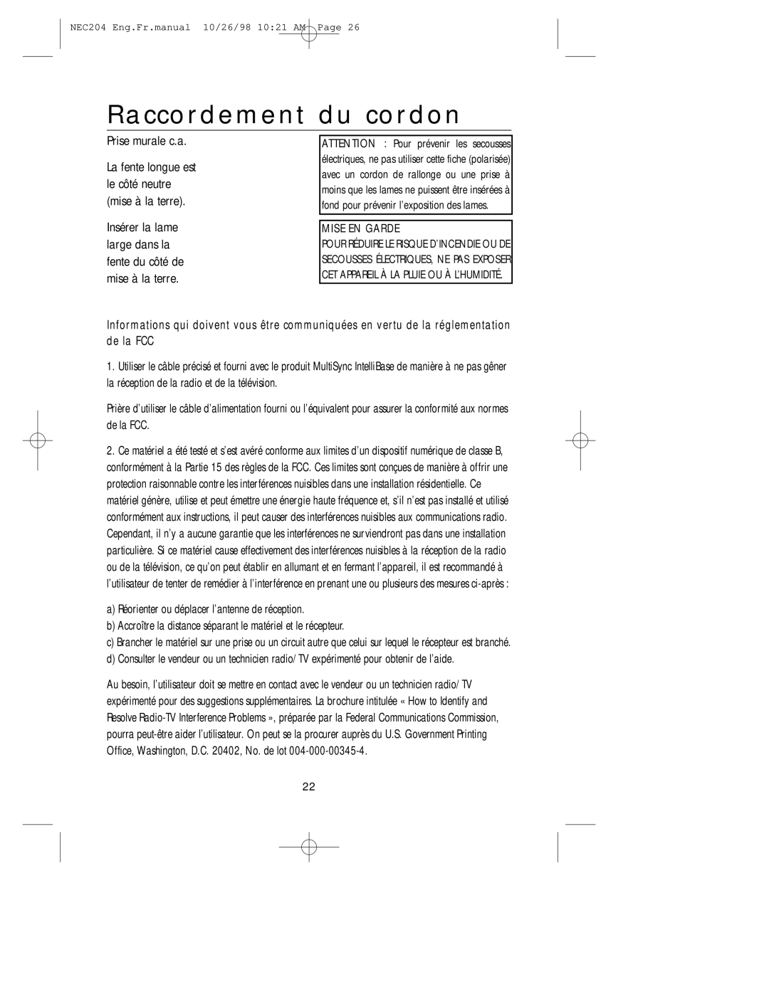 NEC IB-USB, A3844 user manual Raccordement du cordon, Prise murale c.a 