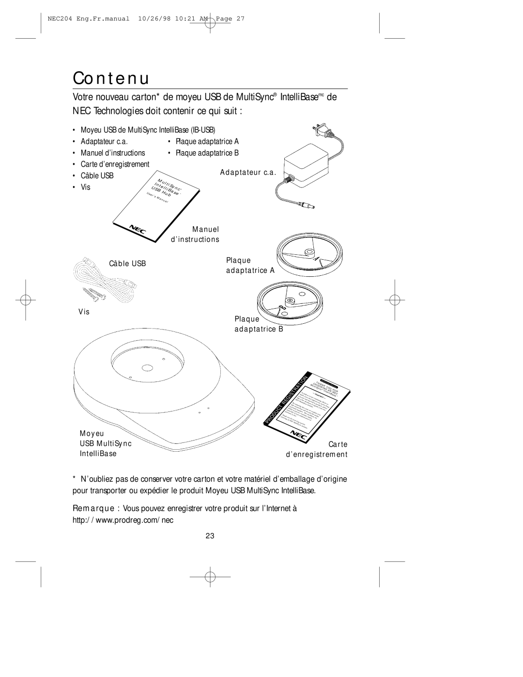 NEC A3844, IB-USB user manual Contenu, Vis 