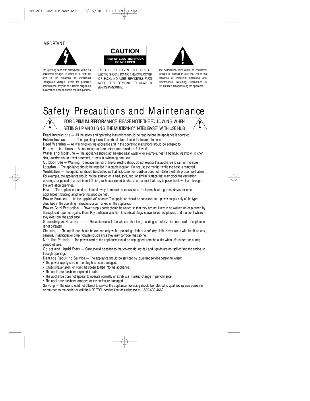 NEC A3844, IB-USB user manual Safety Precautions and Maintenance 