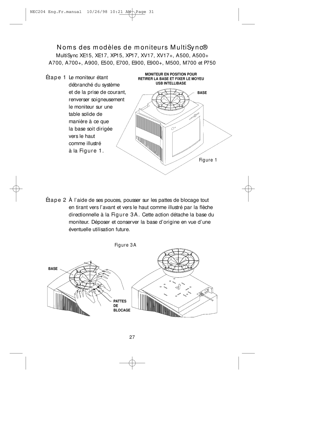 NEC A3844, IB-USB user manual Base Pattes Blocage 