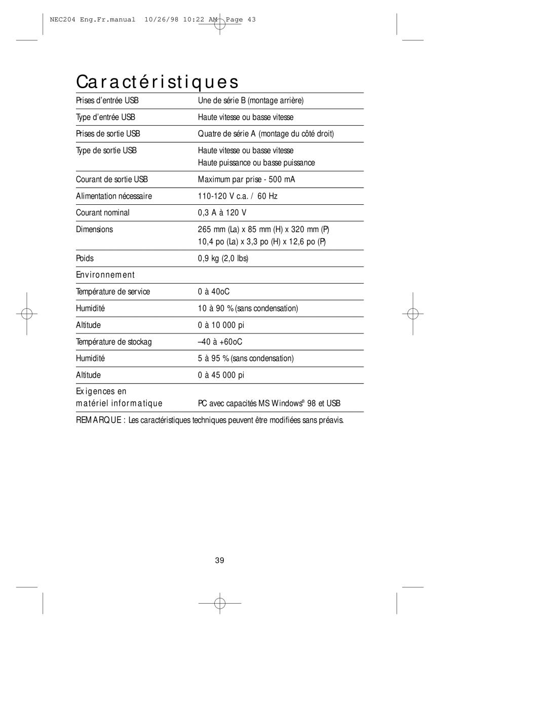 NEC A3844, IB-USB user manual Caractéristiques 