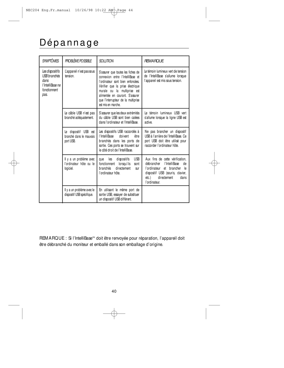 NEC IB-USB, A3844 user manual Dépannage, Remarque 