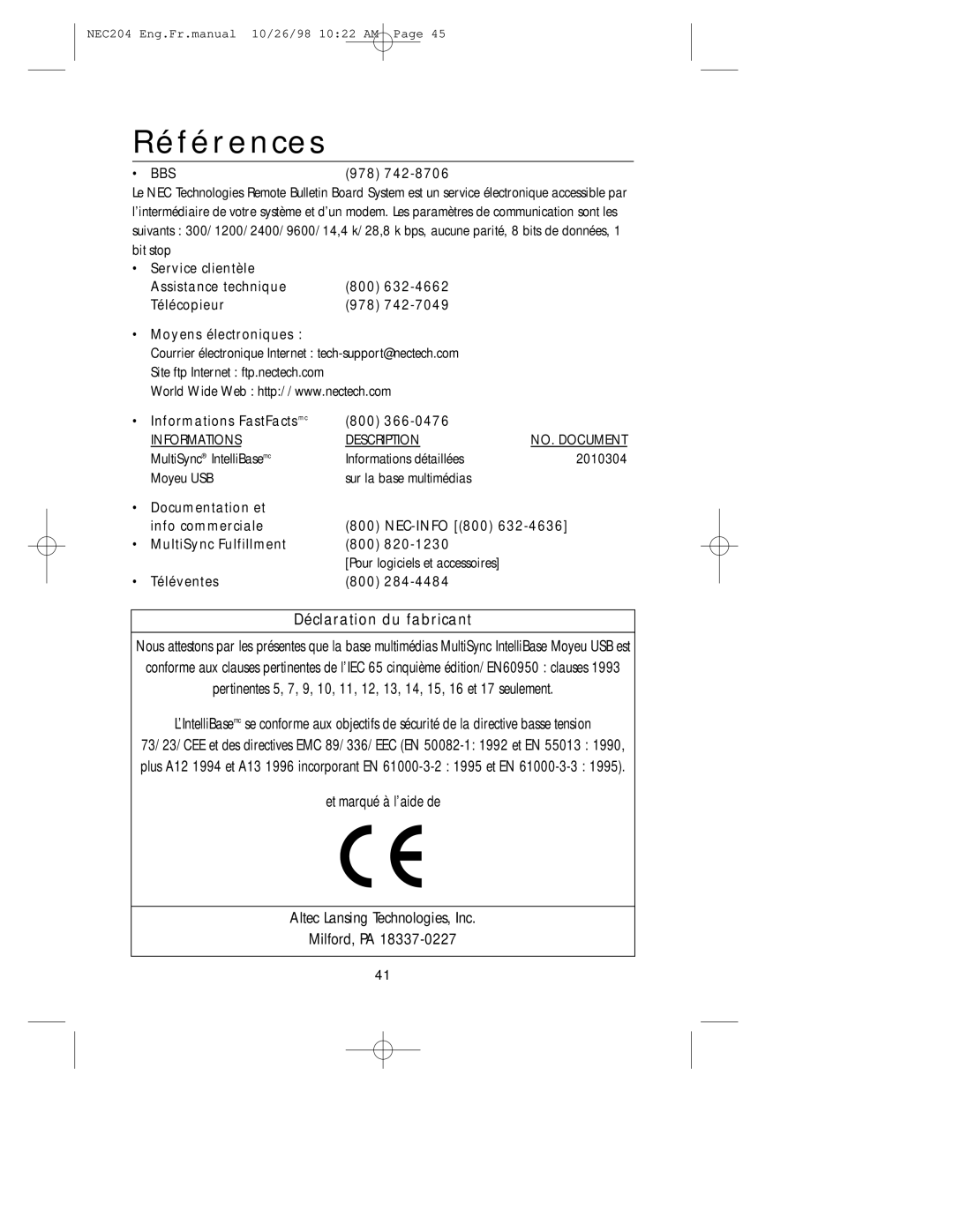 NEC A3844, IB-USB user manual Références, Déclaration du fabricant 