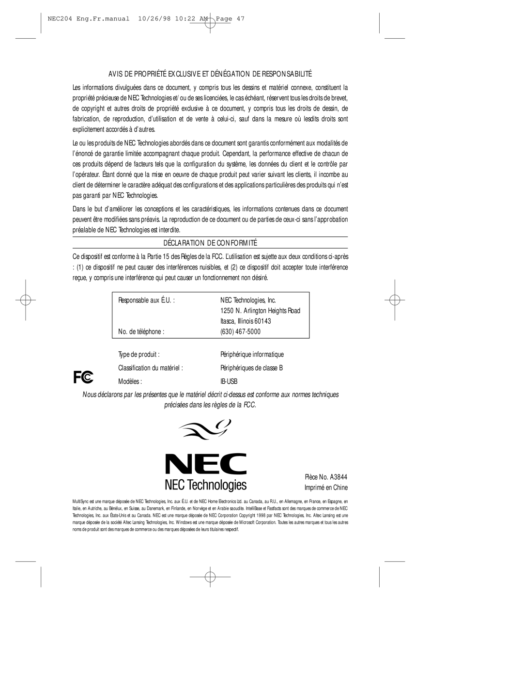 NEC A3844, IB-USB user manual Avis DE Propriété Exclusive ET Dénégation DE Responsabilité 