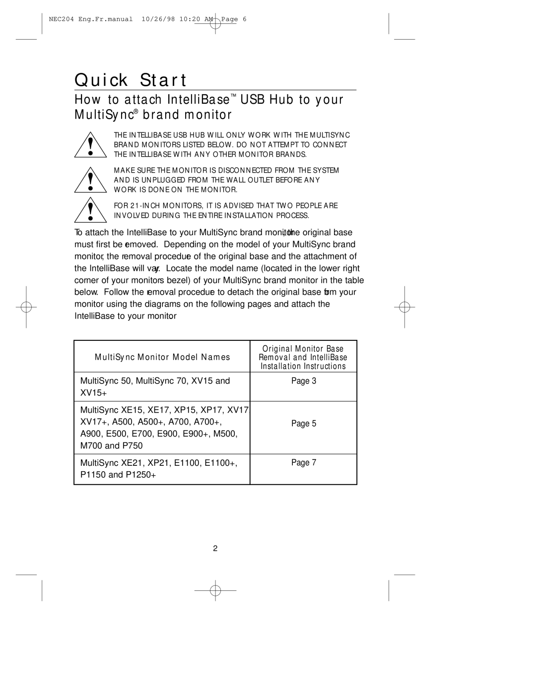 NEC IB-USB, A3844 user manual Quick Start, MultiSync Monitor Model Names Original Monitor Base 