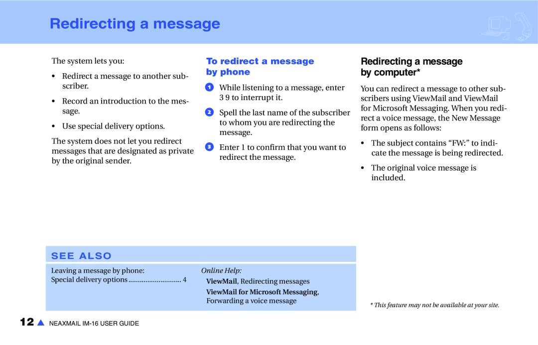 NEC IM-16 manual Redirecting a message, To redirect a message by phone 