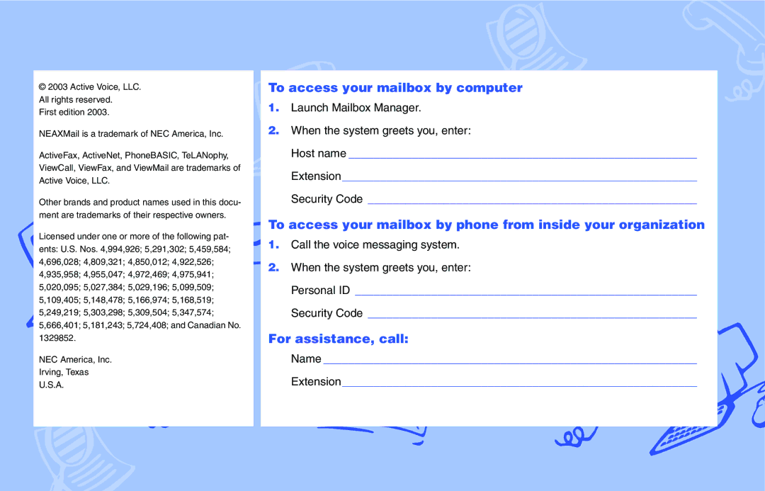 NEC IM-16 manual To access your mailbox by computer, For assistance, call 