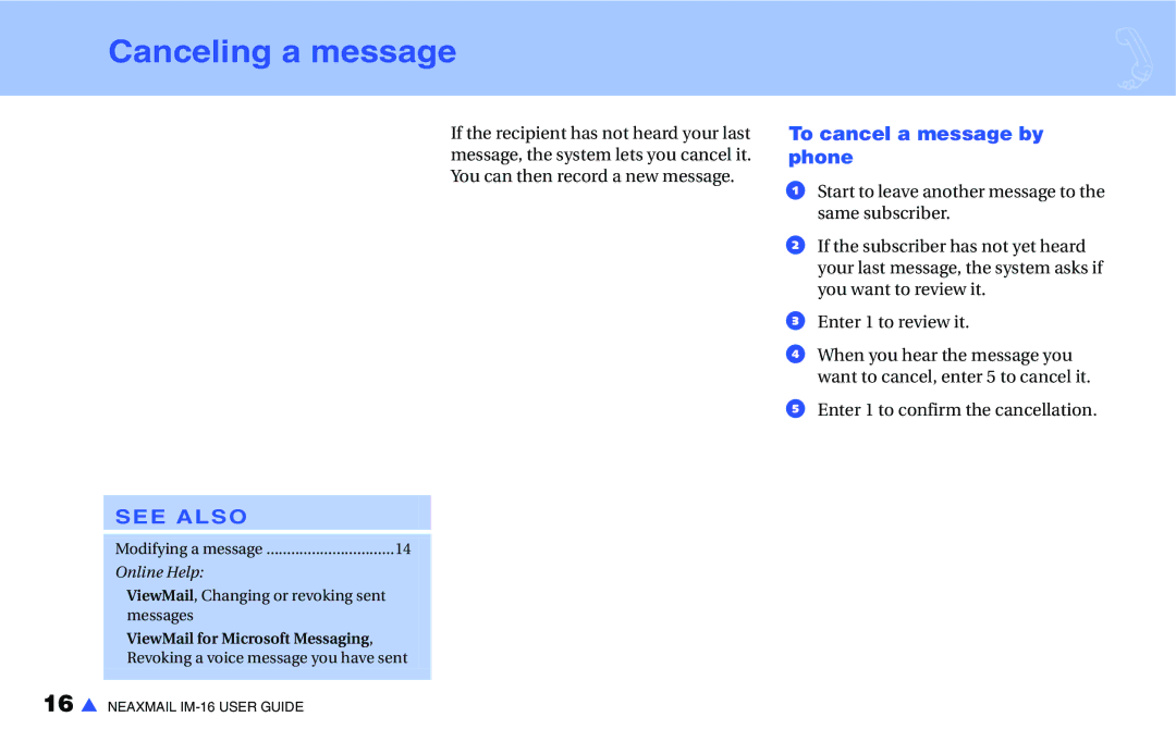 NEC IM-16 manual Canceling a message, To cancel a message by phone 