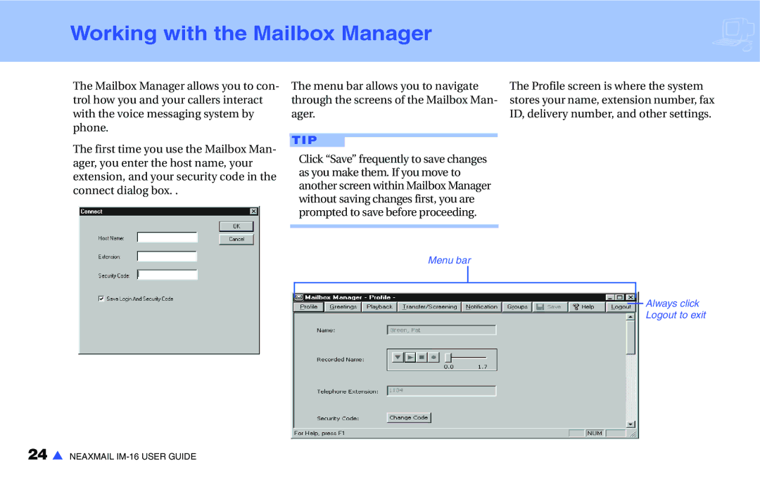 NEC IM-16 manual Working with the Mailbox Manager 