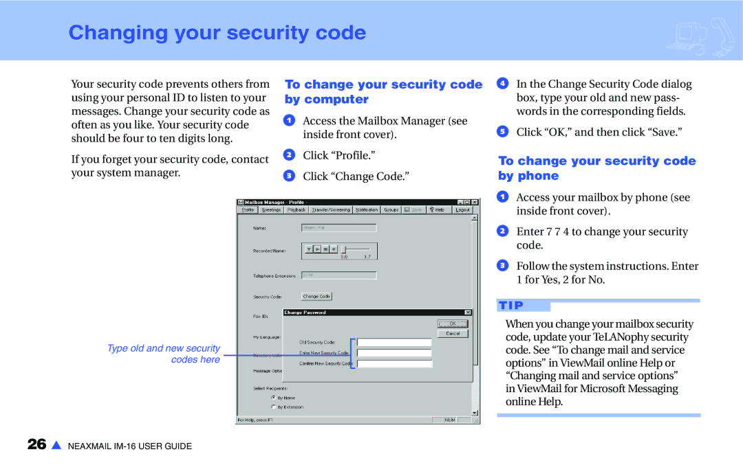 NEC IM-16 Changing your security code, To change your security code by computer, To change your security code by phone 