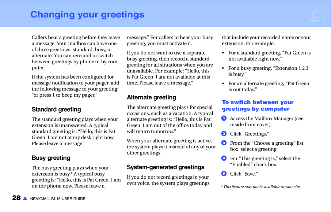 NEC IM-16 manual Changing your greetings, Standard greeting, Busy greeting, Alternate greeting, System-generated greetings 