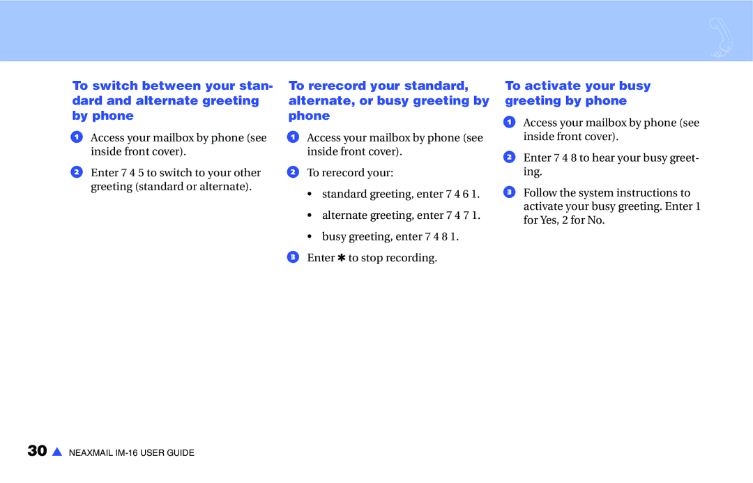 NEC IM-16 manual To activate your busy greeting by phone 