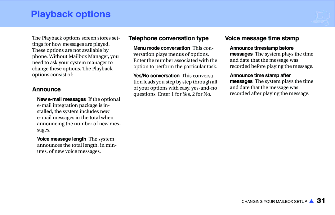 NEC IM-16 manual Playback options, Telephone conversation type, Announce 